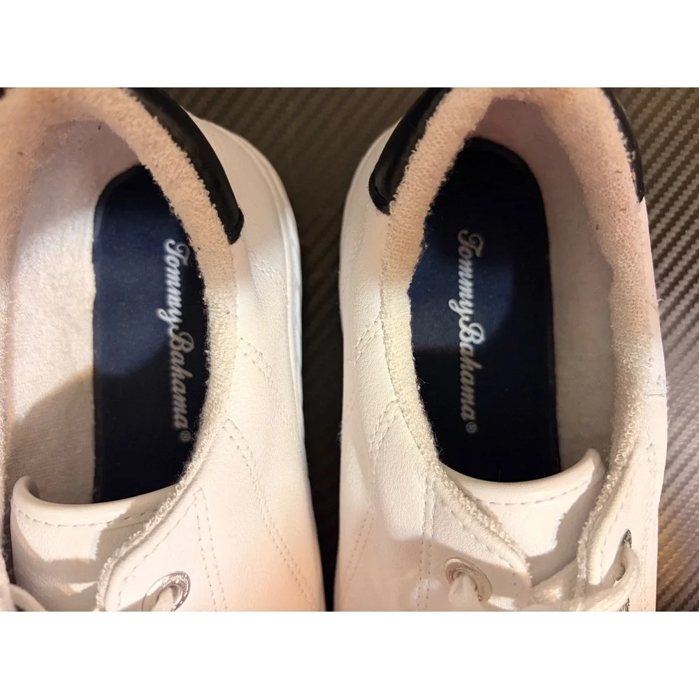 Tommy Bahama Womens White Leather Lace Up Sneakers Navy Heel S976 Size 9
